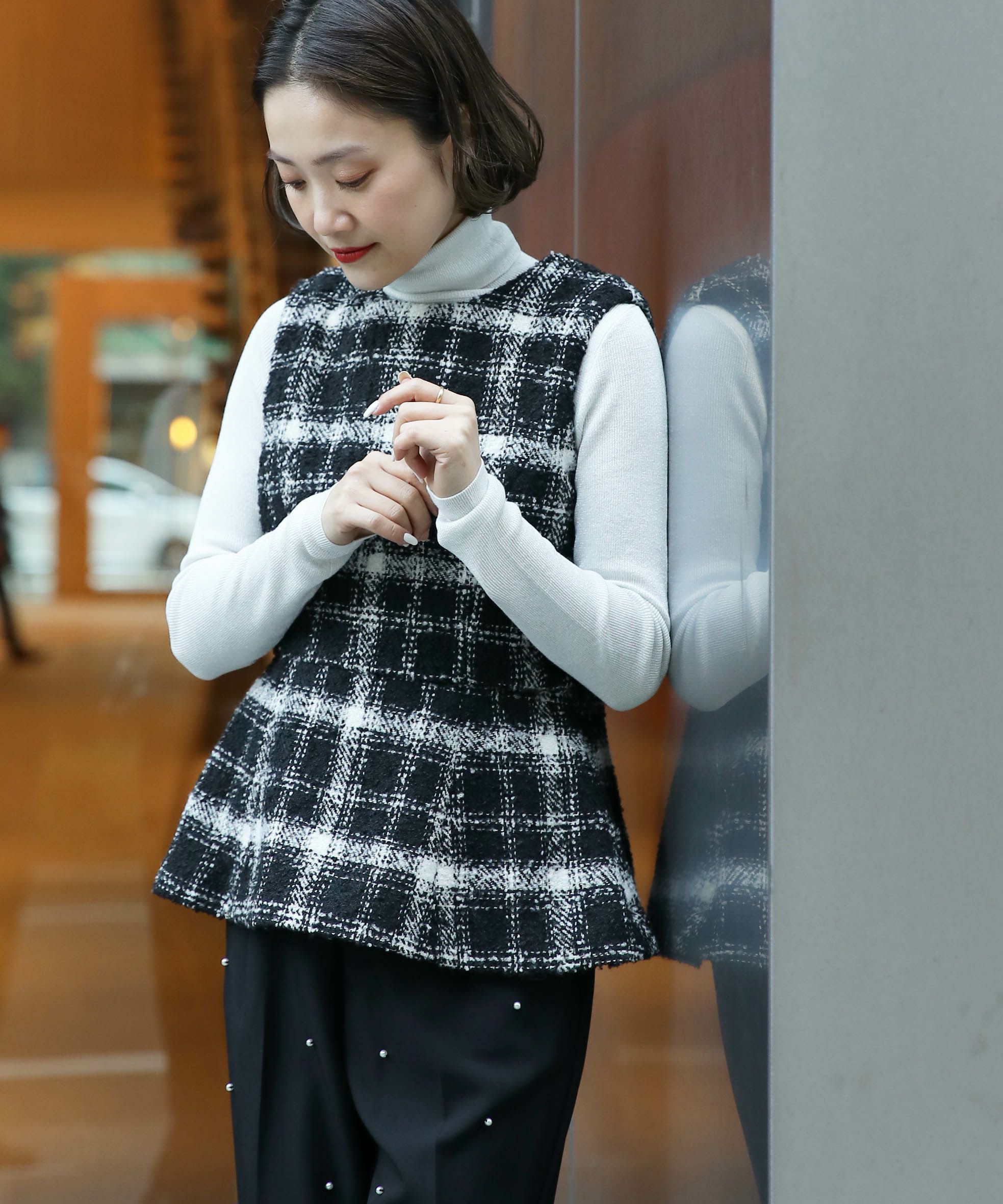 sheller】チェックツイードペプラムトップス （sheller チェック 