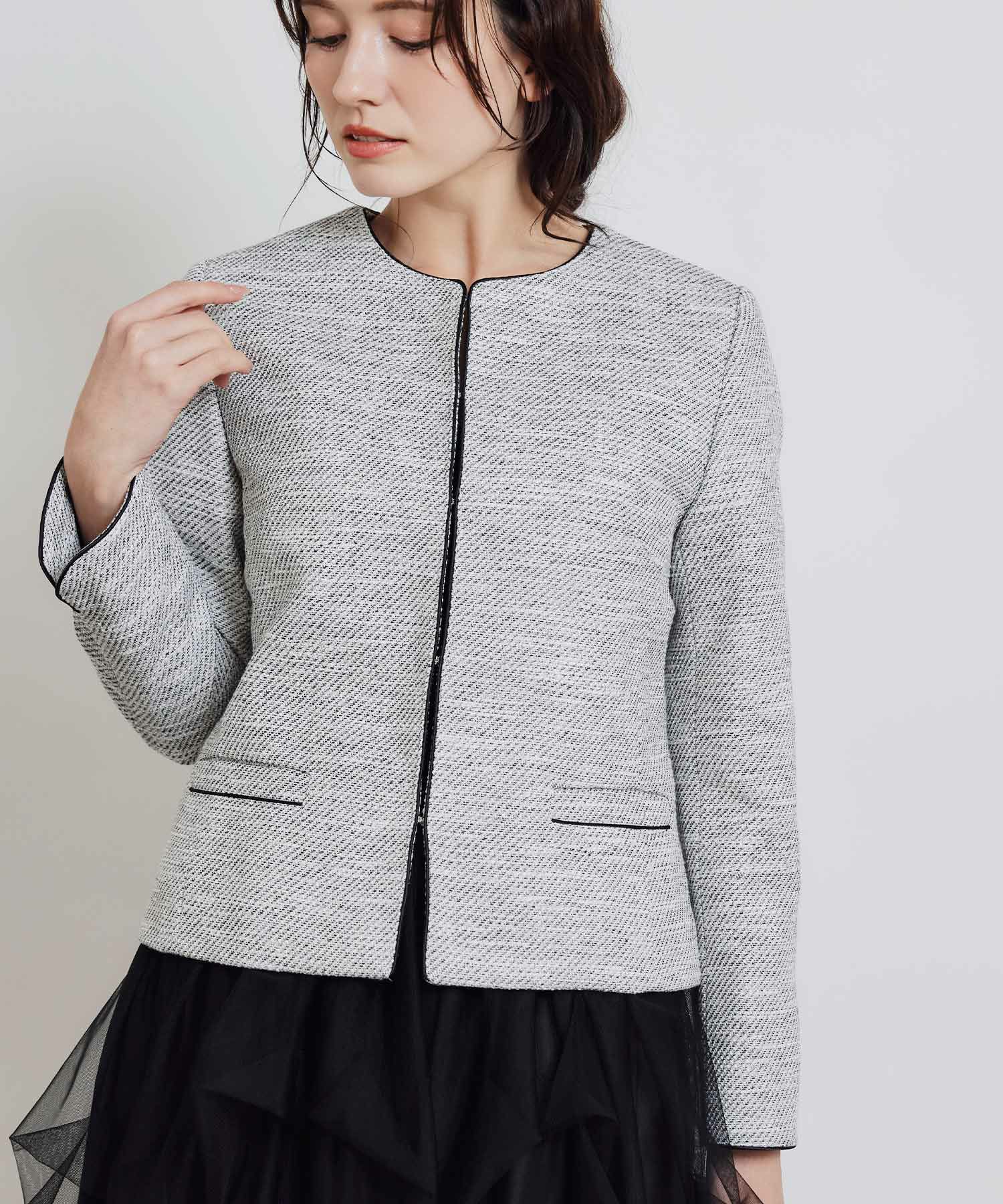 セットアップ可能】綾織りツイードノーカラージャケット | PICCIN