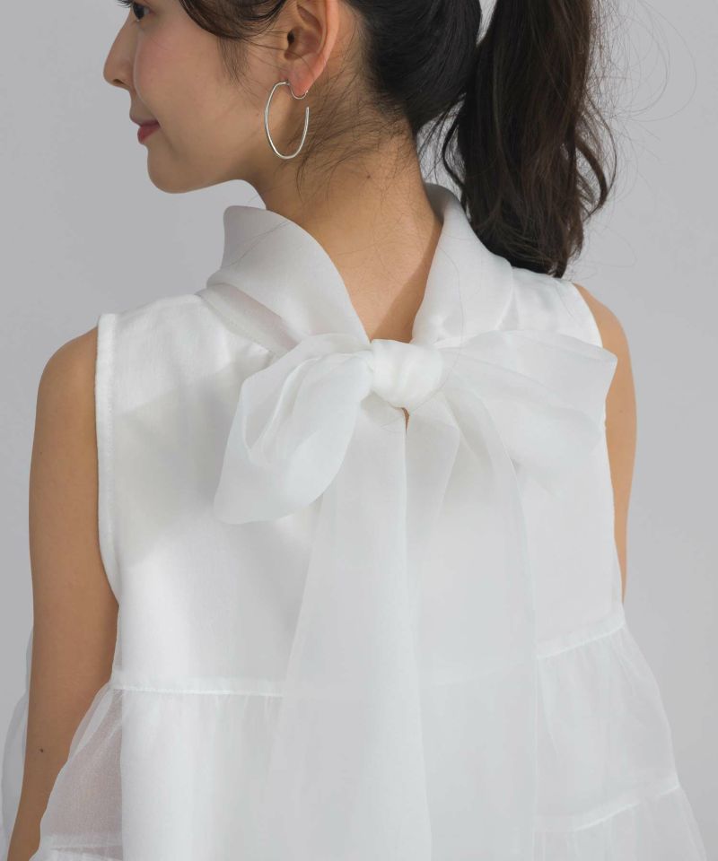PICCIN ピッチン ティンカーブラウス 906190 レディース シャツ シアー ノースリーブ バックリボン ハイネック カラー2色 PICCIN ピッチン ティンカーブラウス 906190 レディース シャツ