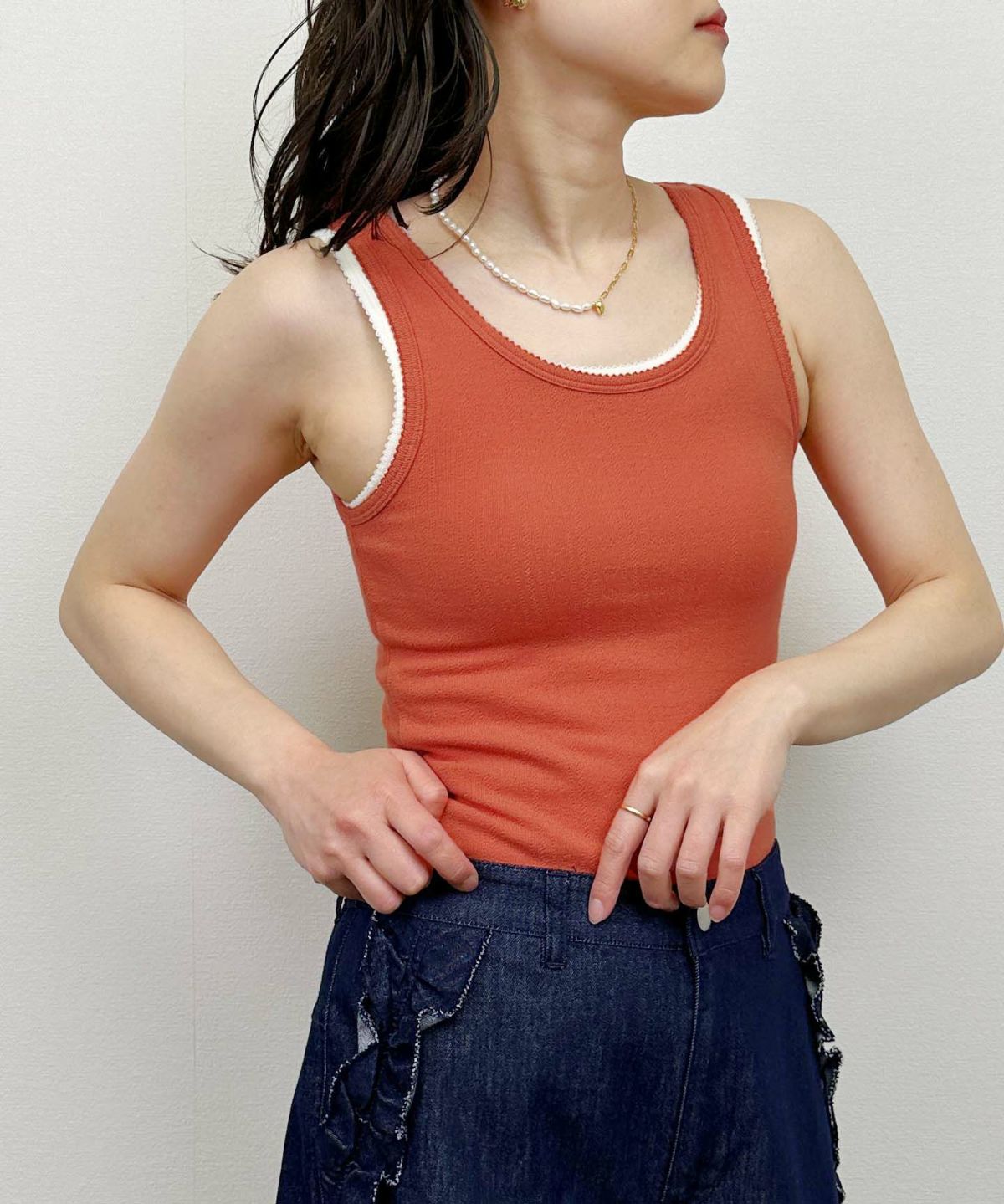 model：H164　着用サイズ：M　アイレットタンクトップ①下 ②上