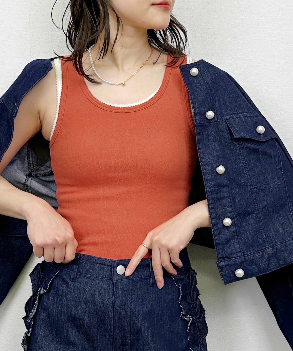 model：H164　着用サイズ：M　アイレットタンクトップ①下 ②上