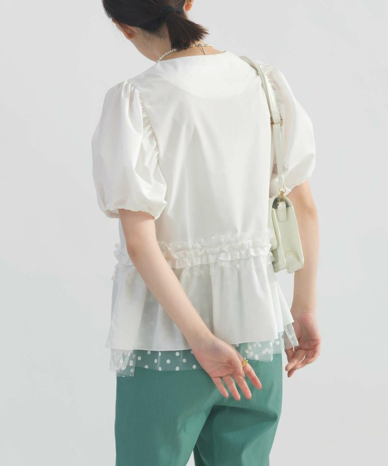 PICCIN ピッチン ブラウス ドットチュールペプラム 906410 レディース シャツ フリル ギャザー ノーカラー 半袖 カラー2色 PICCIN ピッチン ティンカーブラウス 906190 レディース シャツ
