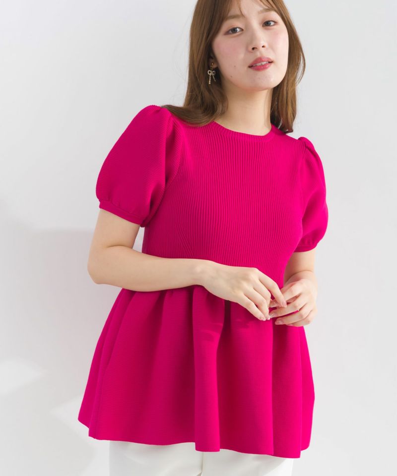 PICCIN ピッチン ニット 906500 レディース パフスリーブ ペプラム 半袖 リブ 切替 クルーネック カラー2色 PICCIN ピッチン ニット 906500 レディース パフスリーブ